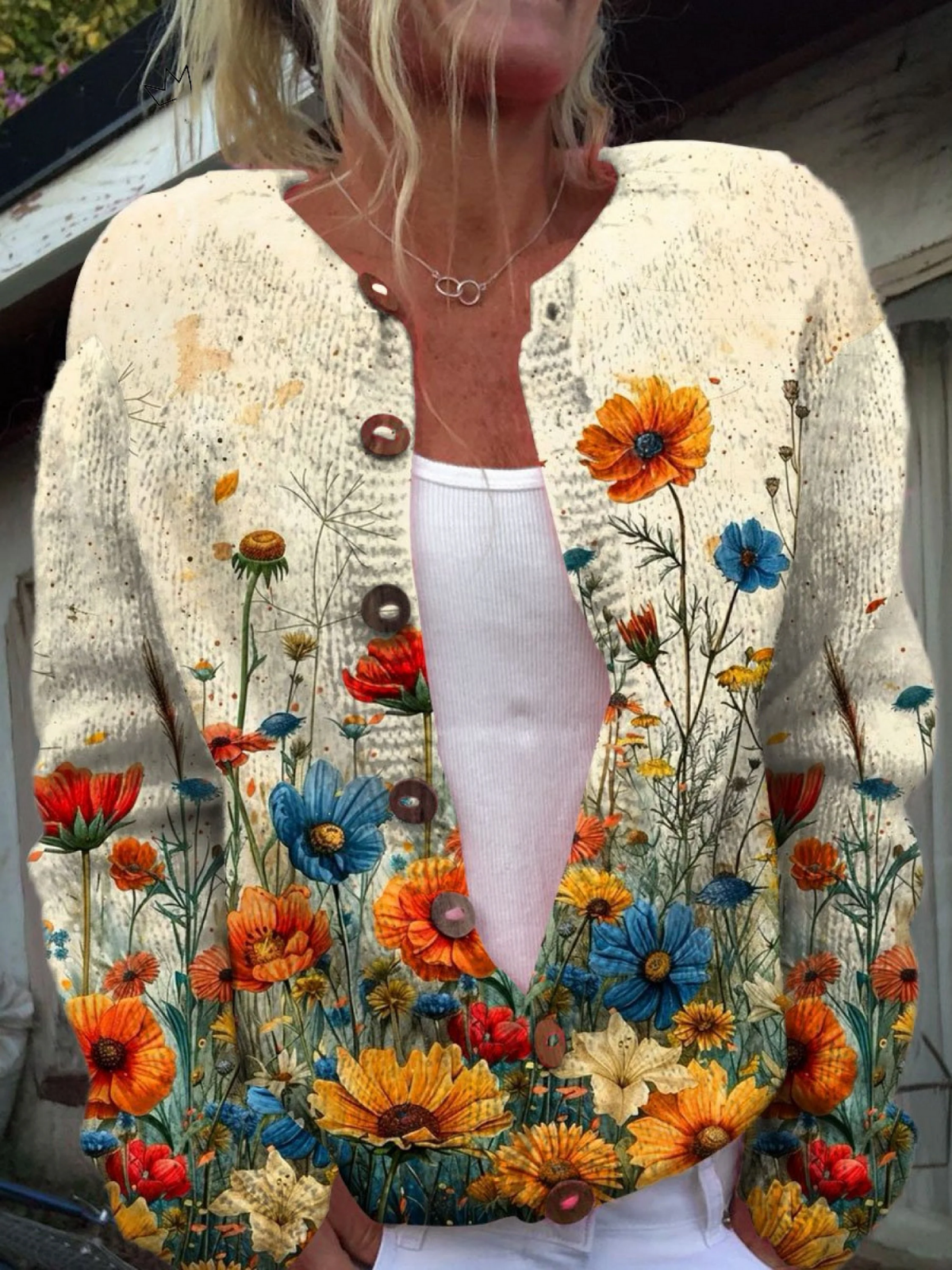 Gilet en maille crème à imprimé floral vintage, encolure V et boutons bruns