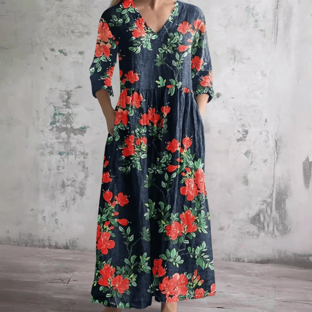 Robe d’été noire à fleurs rouges, encolure V, manches 3/4, coupe ample