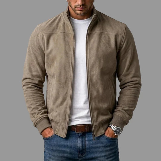 Blouson bomber beige à fermeture zippée, col montant et poignets côtelés