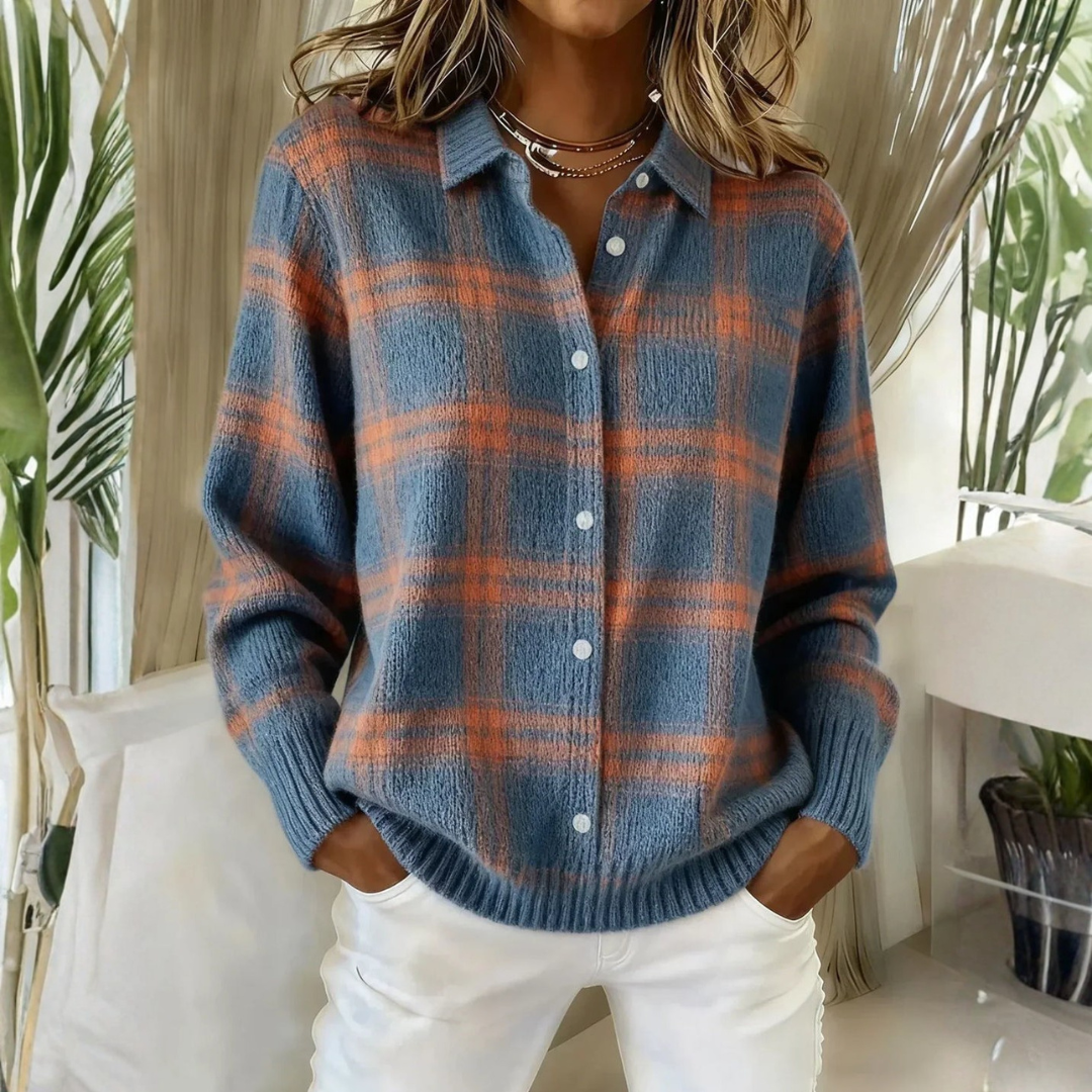 Cardigan Élise en maille à carreaux – Bleu