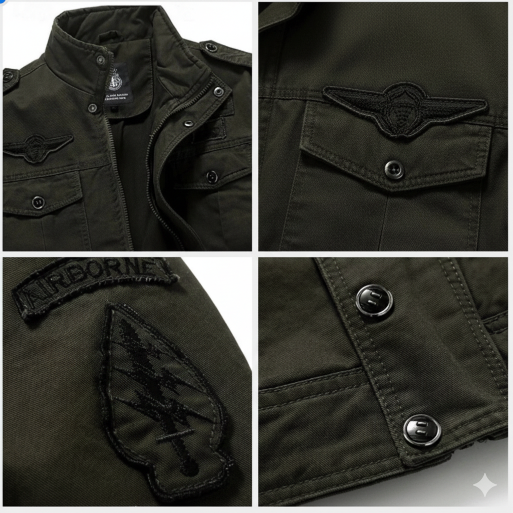 Veste militaire noire : écusson poitrine, patchs, boutons-pression et détails de couture.