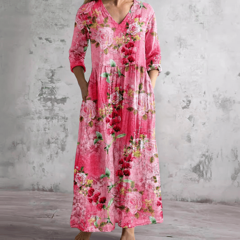 Robe d’été fleurie rose à encolure en V, manches longues et boutons décoratifs