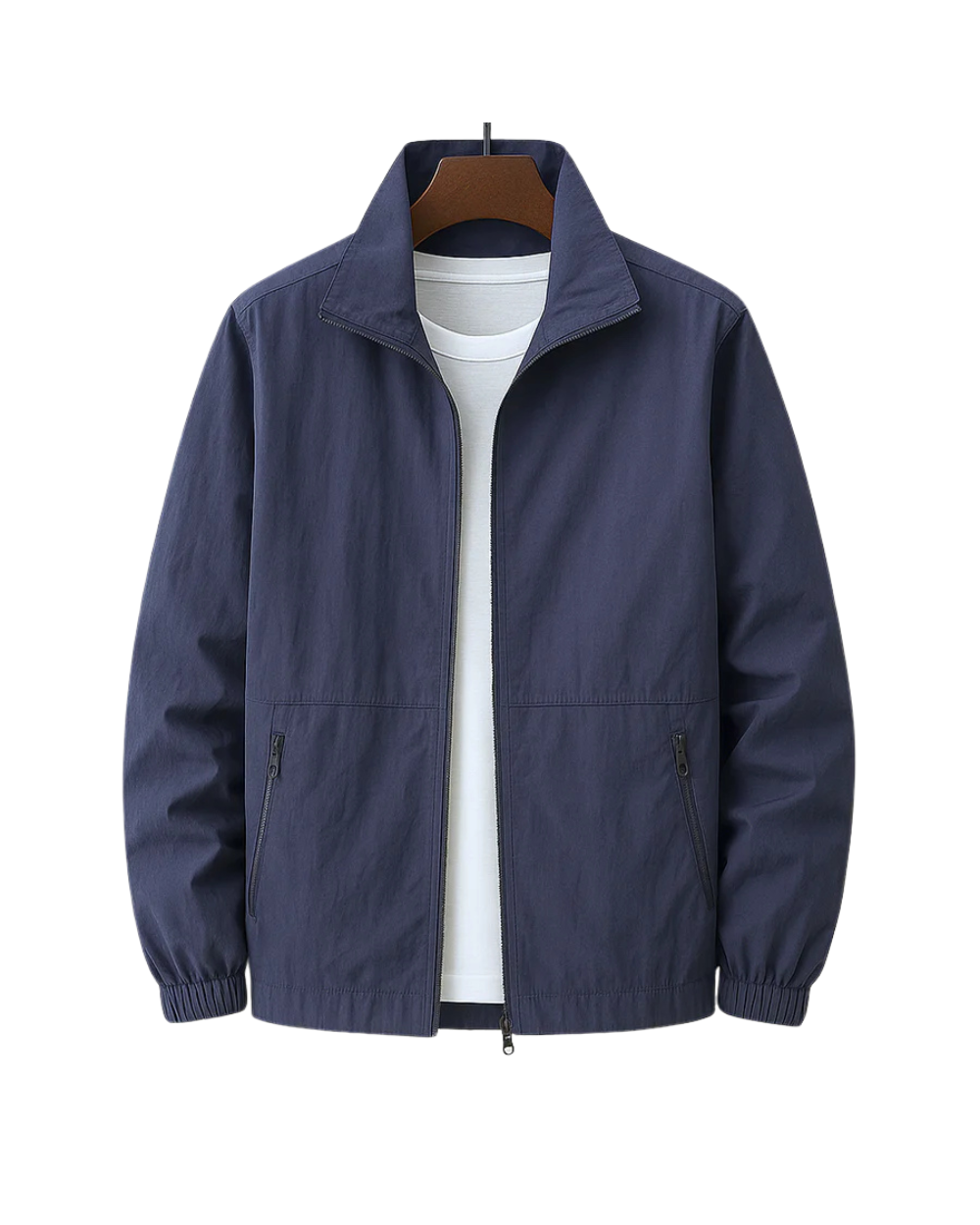 Veste légère d’été bleue, zip central, col chemise, poches zippées, poignets élastiques.