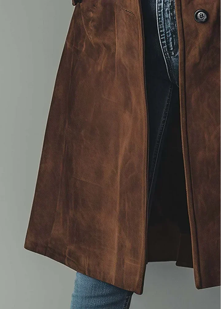 Manteau long suédine marron, fente et bas évasé, devant boutonné