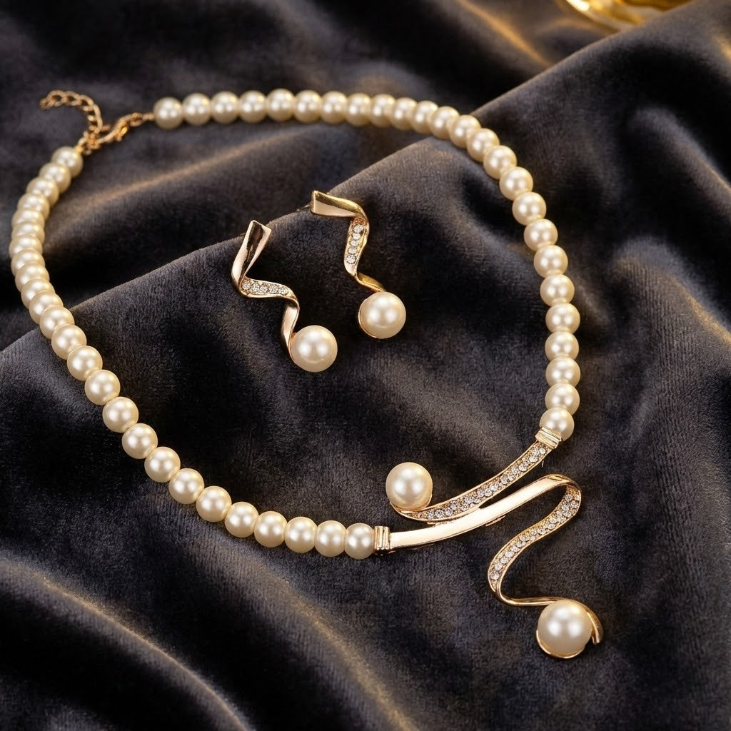 Parure perles élégante : collier et boucles d’oreilles goutte, pendentif vague strass