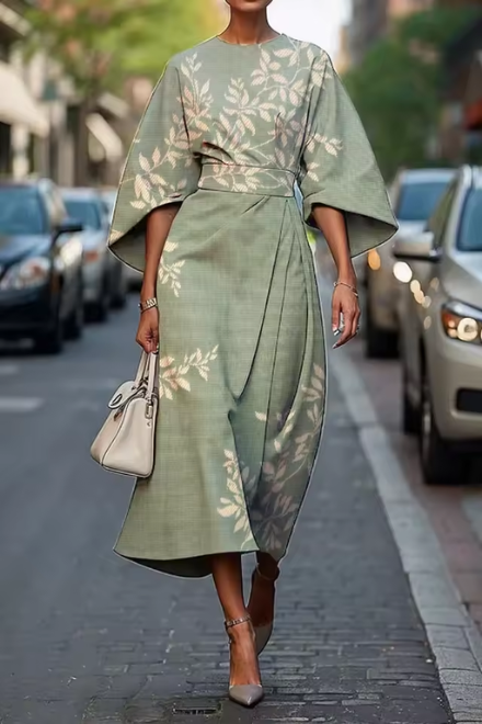 Robe midi fleurie vert clair, manches évasées, ceinture nouée, motif feuilles