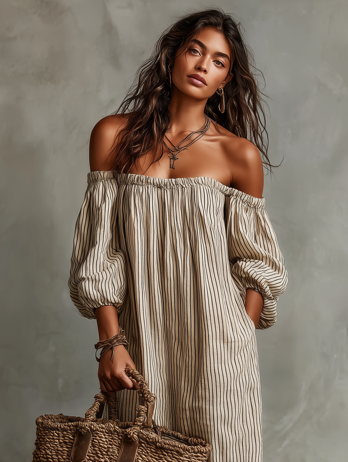Robe longue à rayures verticales beige, encolure épaules dénudées et manches bouffantes.