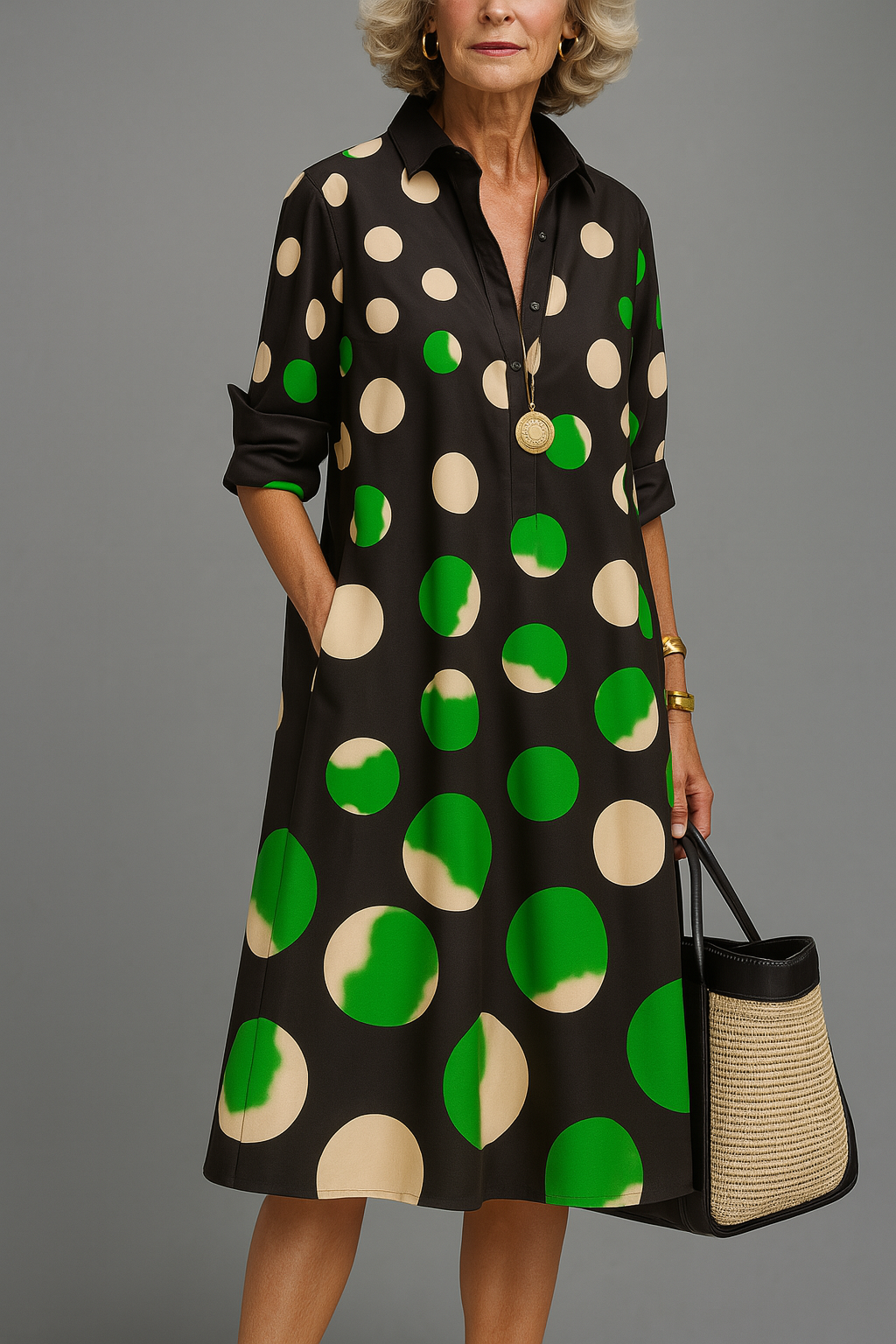 Robe midi noire à pois vert et crème, col chemise, manches trois-quarts