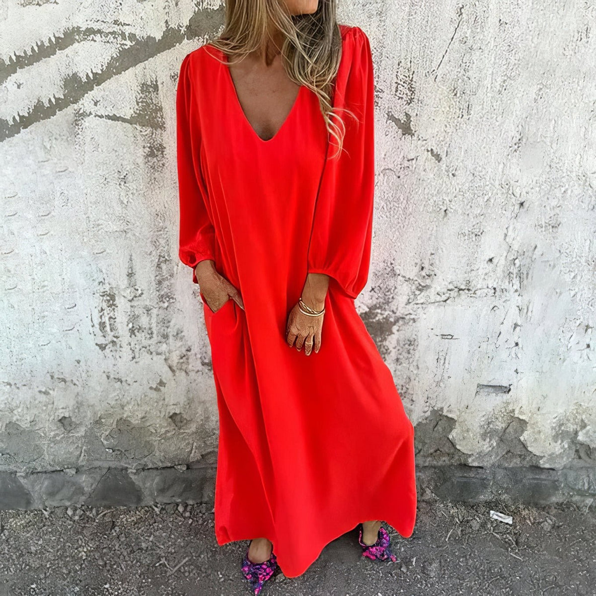 Robe bohème ample à encolure en V, manches bouffantes, robe longue rouge