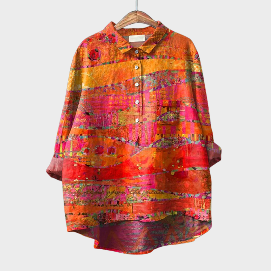 Chemisier d’été en lin orange à motifs multicolores, col et patte boutonnée
