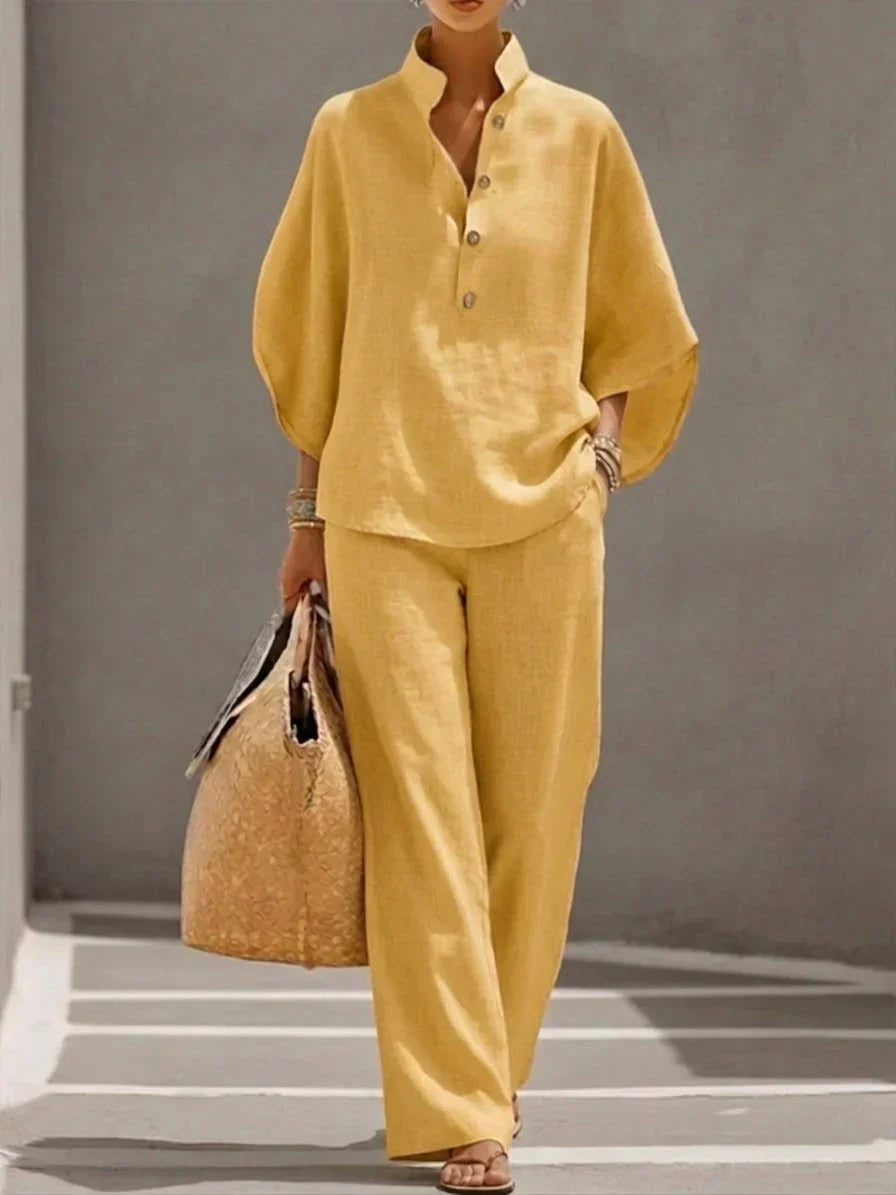Ensemble en lin jaune : haut à manches chauve-souris boutonné et pantalon ample