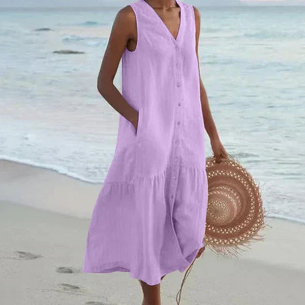 Robe chemise d’été violet clair sans manches, encolure V boutonnée, coupe ample midi