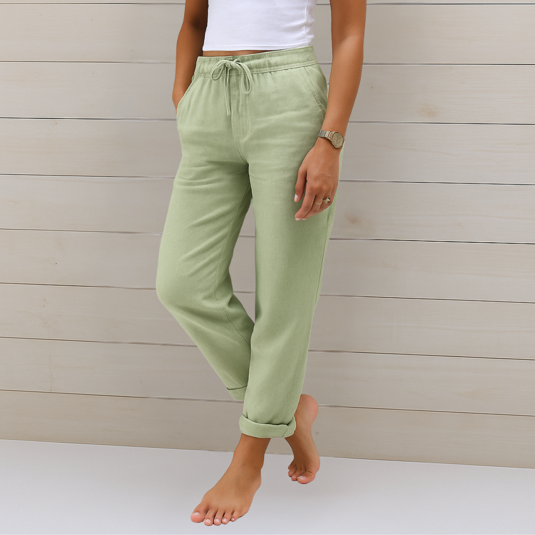 Pantalon extensible en lin vert clair, taille élastique à cordon et chevilles resserrées