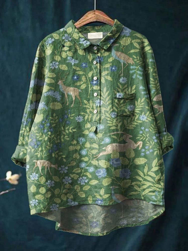 Chemise longue verte à motifs feuillage, fleurs et animaux, col boutonné