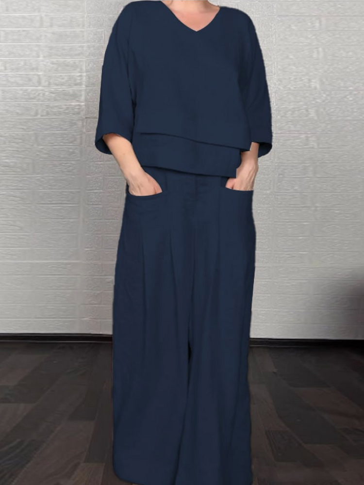 Ensemble tunique superposée et pantalon large, coton-lin bleu marine