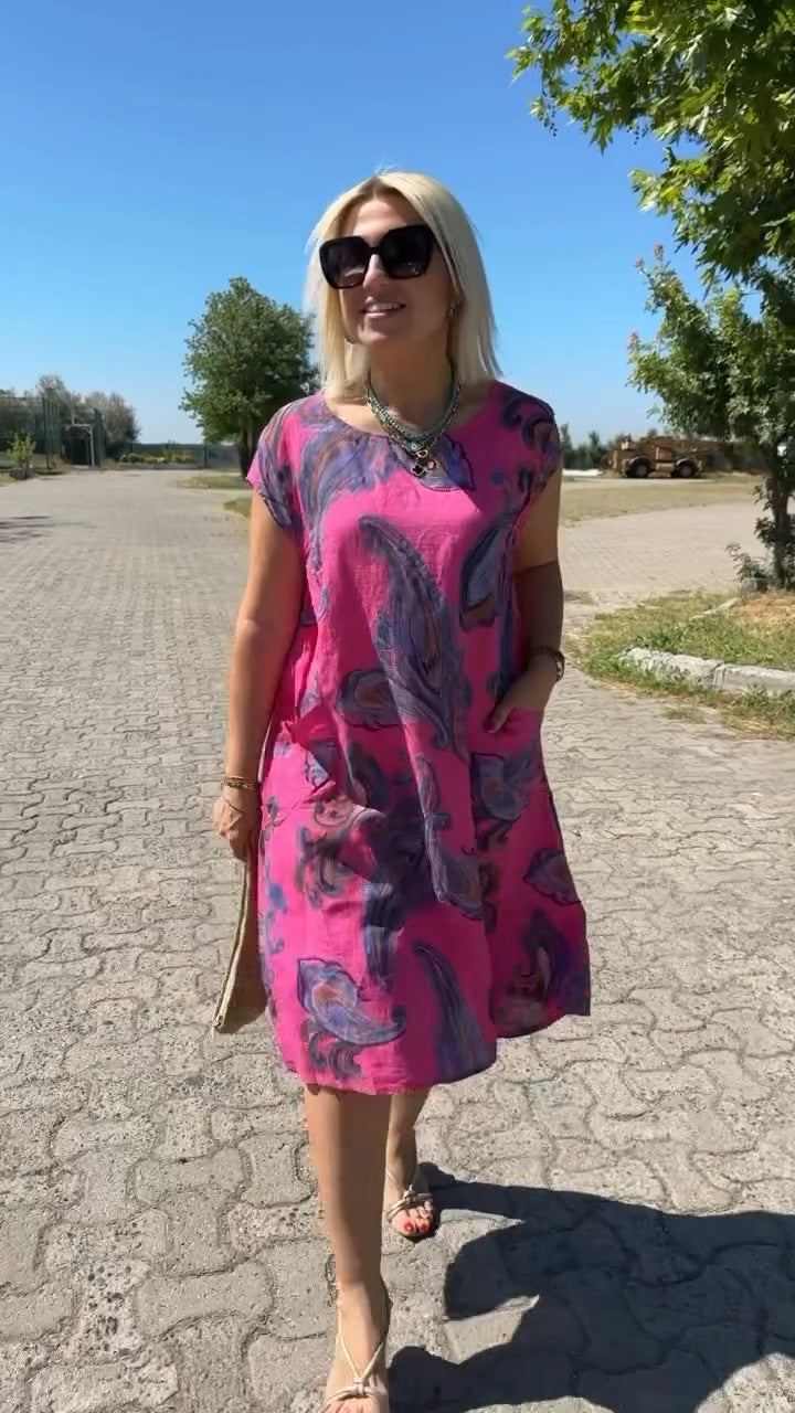 Robe d’été courte à manches courtes, imprimé cachemire rose et fuchsia