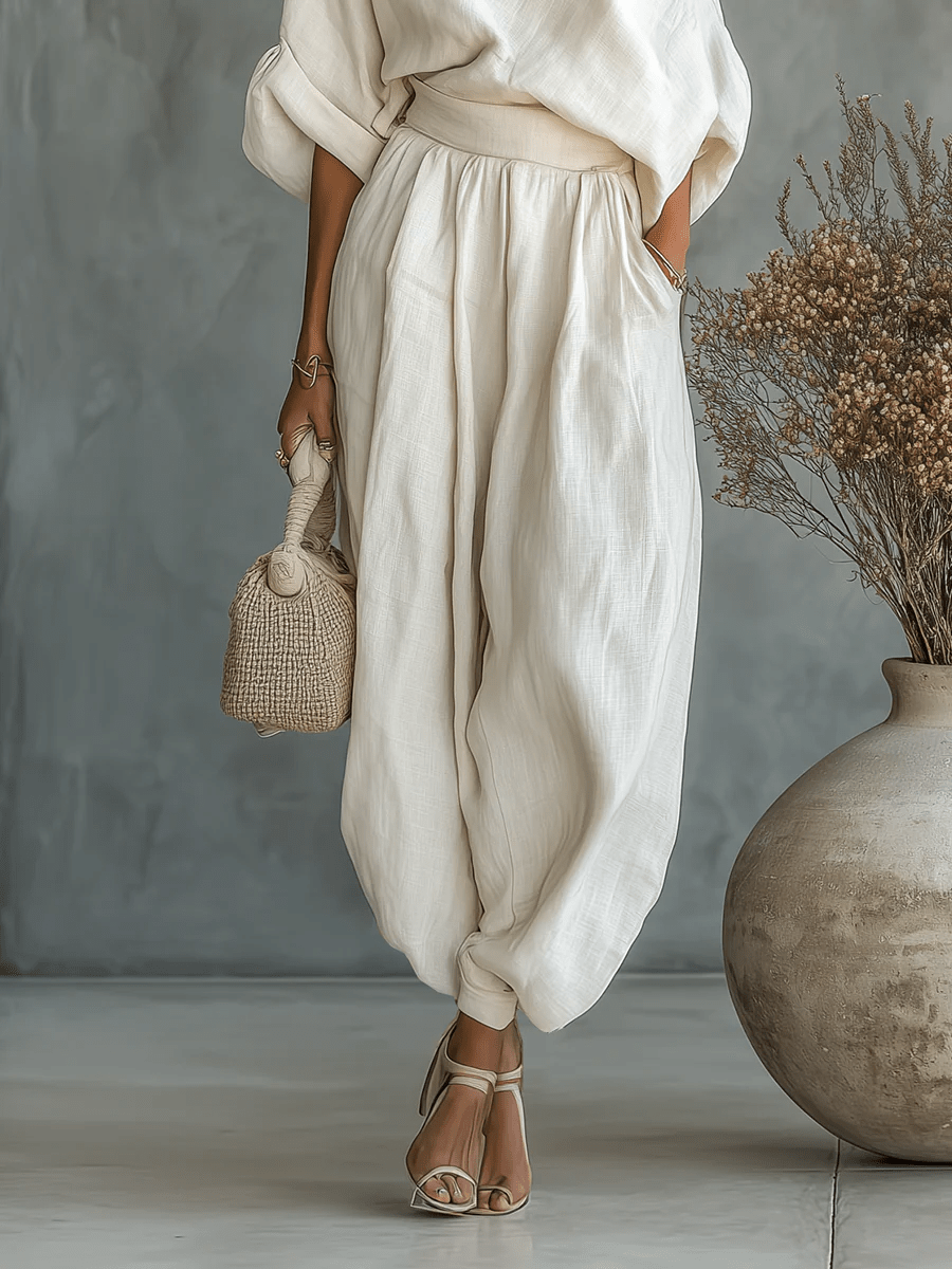 Ensemble Mila™ blanc : haut bardot drapé et pantalon ample à taille froncée