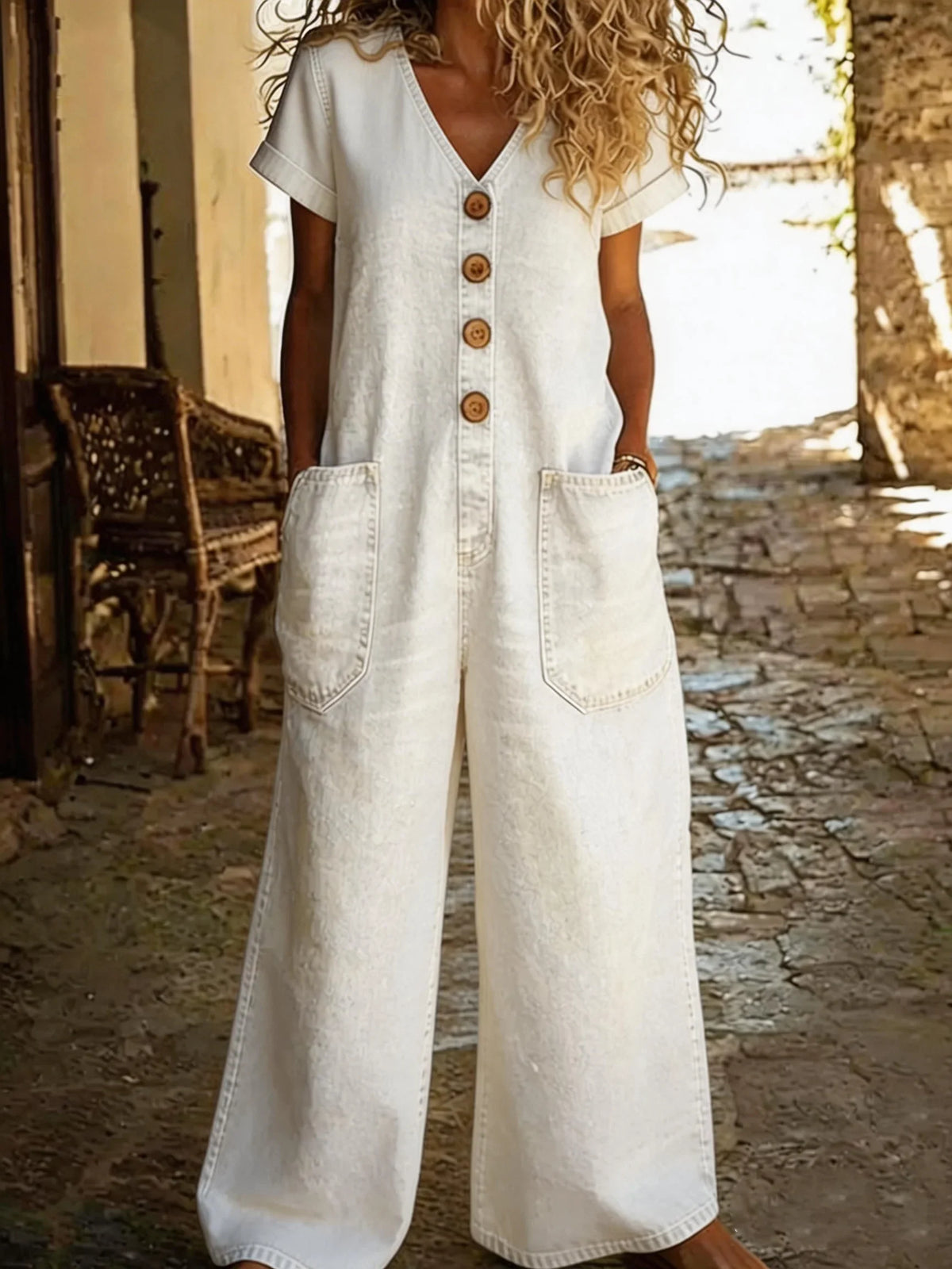 Combinaison-short en jean blanc, col en V, manches courtes, boutonnage et poches cargo