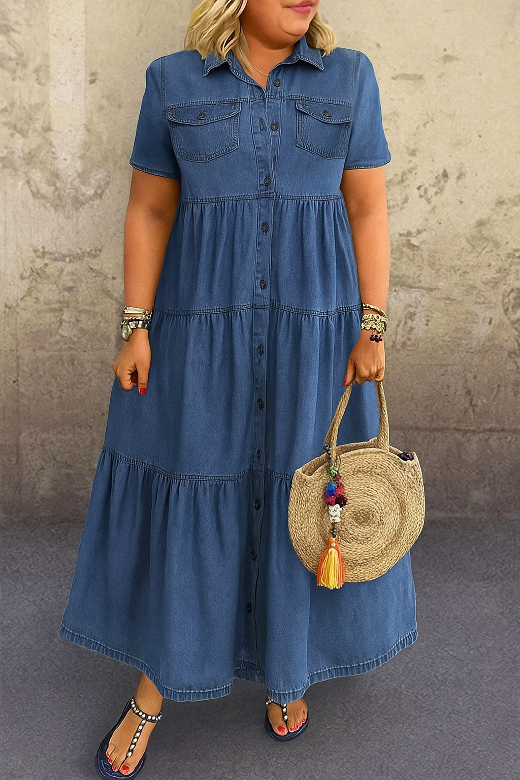 Robe en jean bleu foncé à manches courtes, boutonnée, avec étages