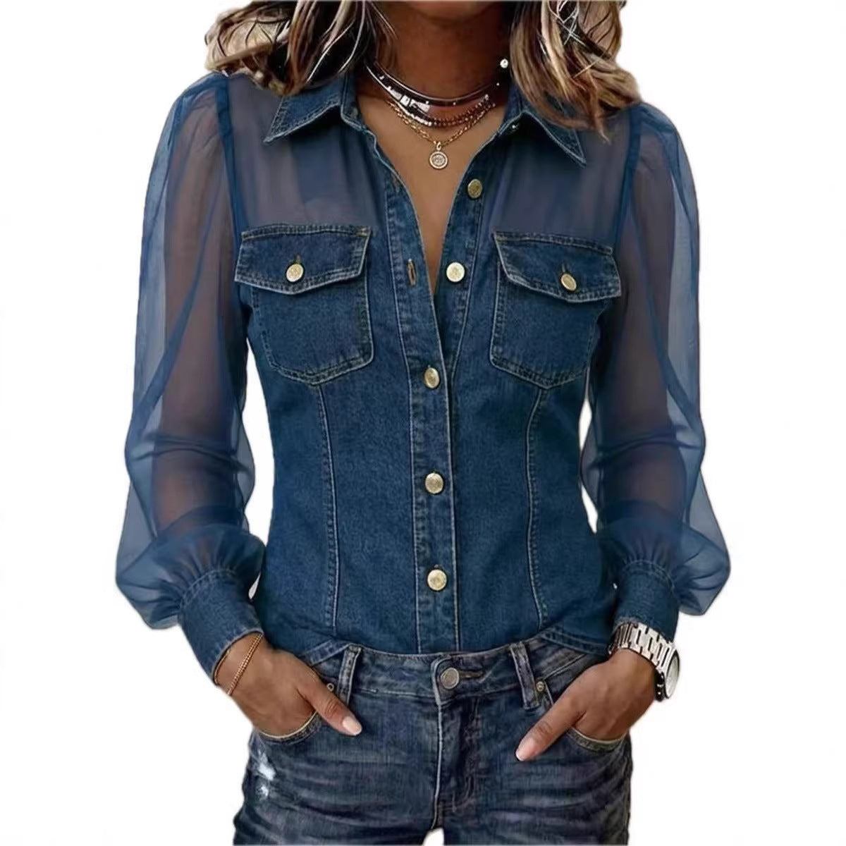 Élodie | Blouse Élégante à Effet Denim