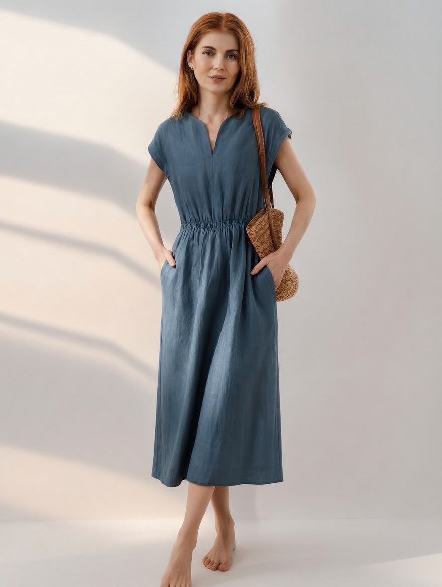 Robe midi bleue en lin mélangé, encolure V, manches courtes, taille élastiquée, jupe ample.