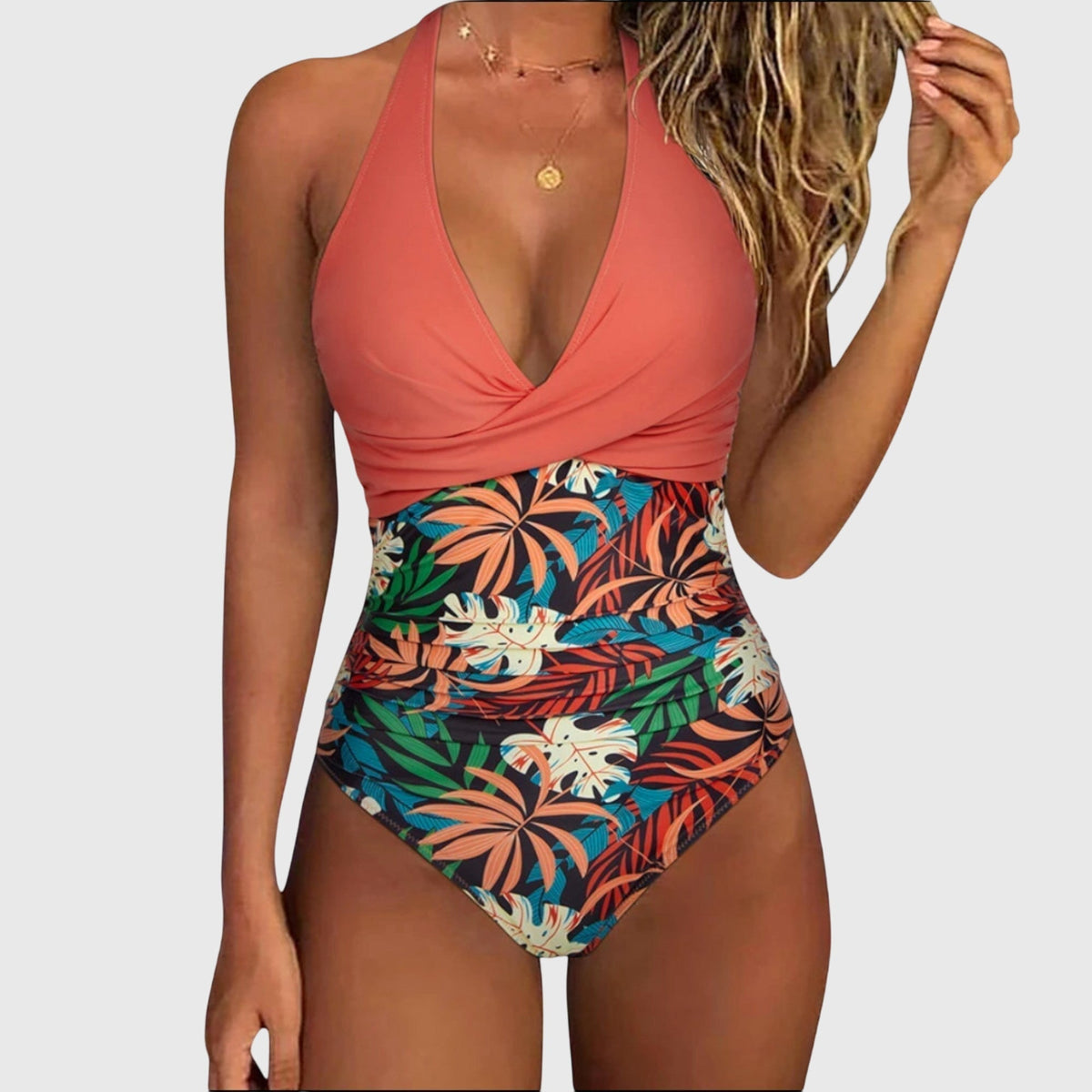 Maillot de bain une pièce corail, décolleté V, bas imprimé jungle coloré