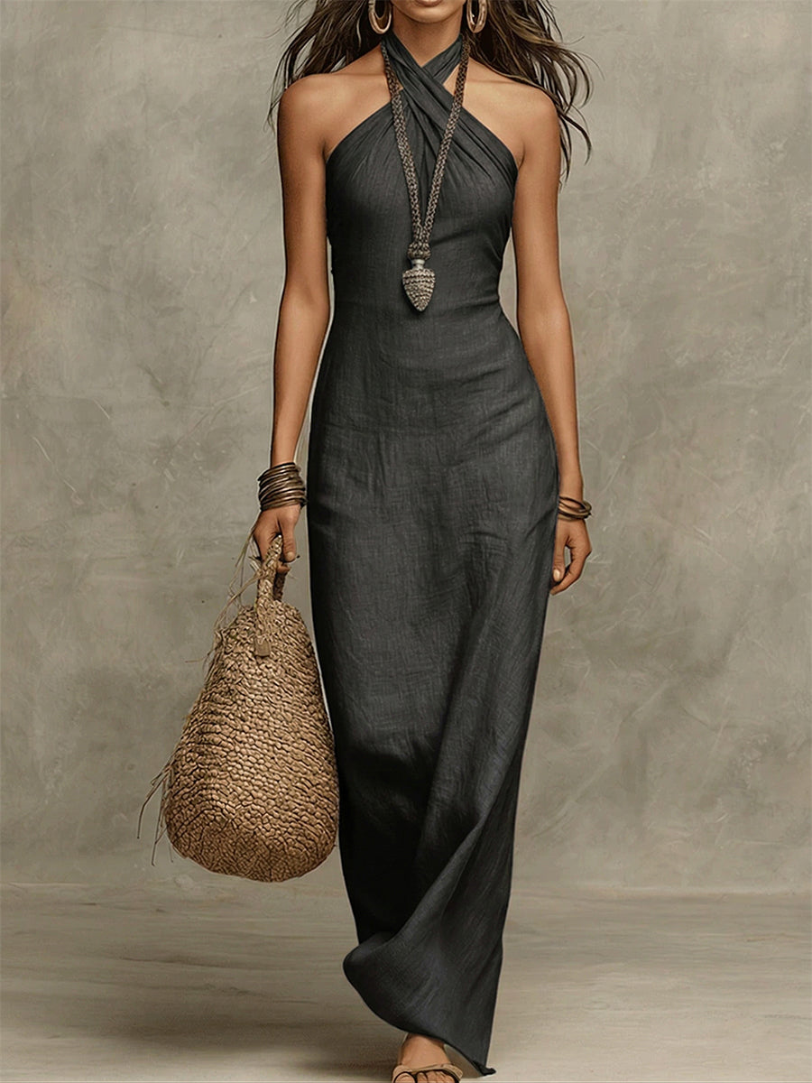 Robe longue sans manches en lin, col américain, noire, coupe fluide