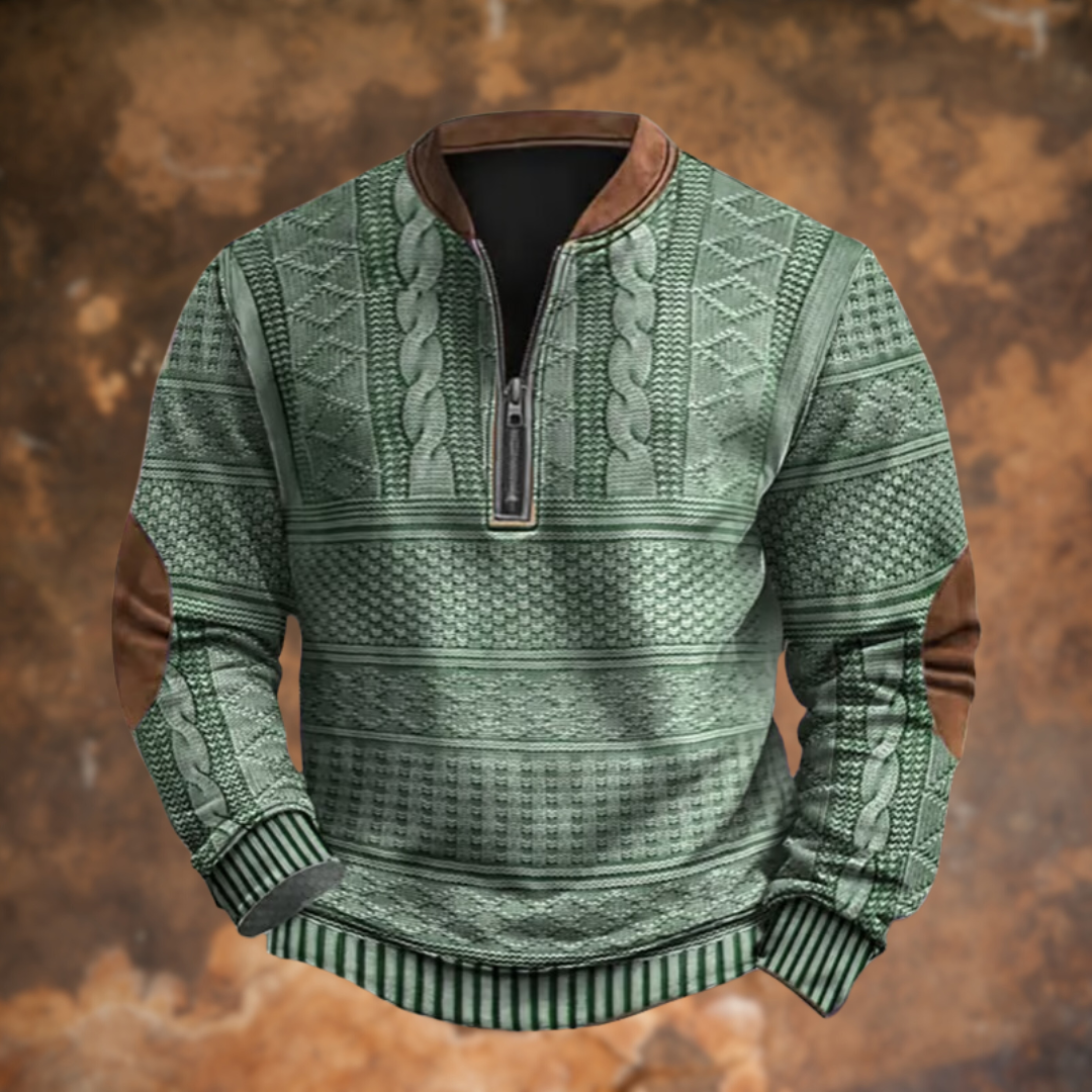 Polo homme demi-zip en maille vert à motifs tressés, poignets et bas à rayures.