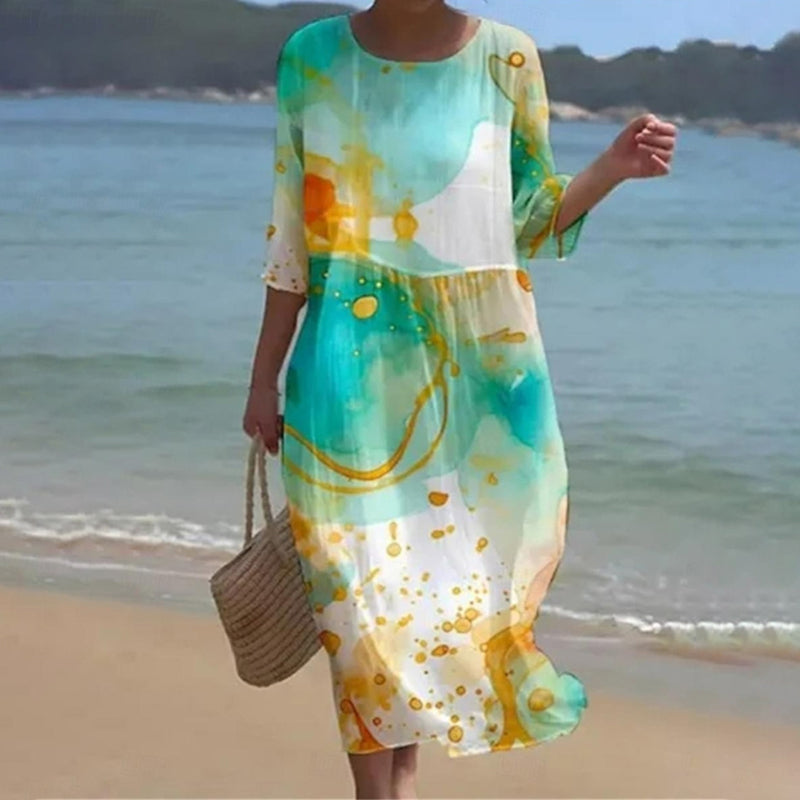 Robe mi-longue effet aquarelle vert bleu et jaune, manches 3/4, coupe ample