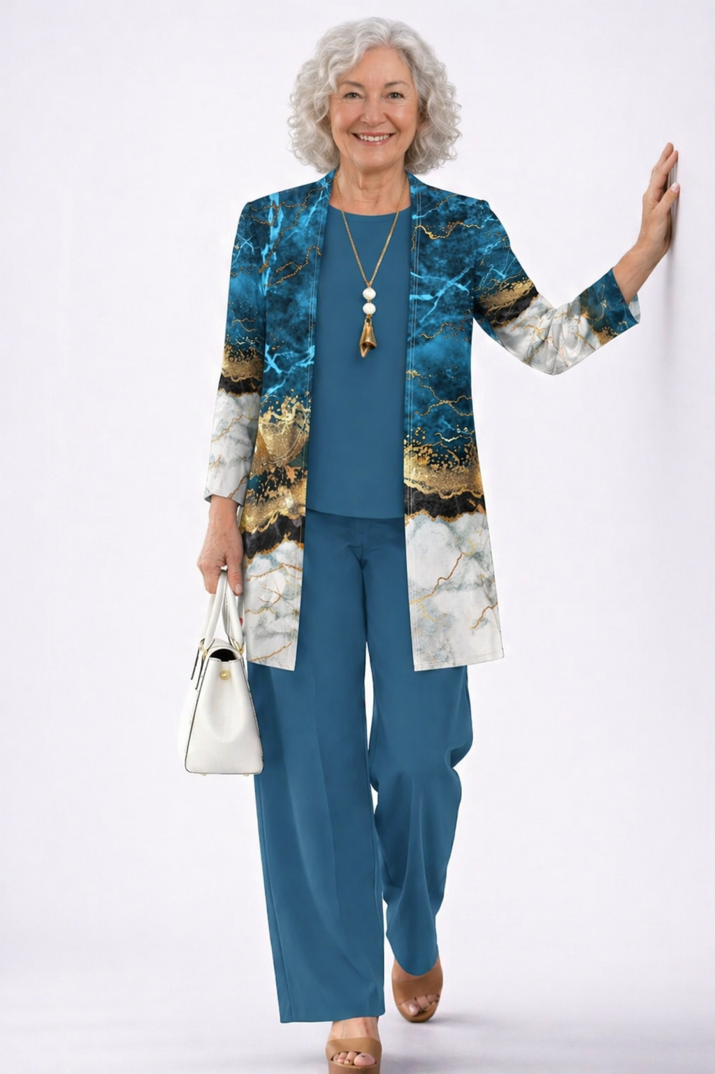 Ensemble 3 pièces : veste longue ouverte motif marbre bleu et or, top et pantalon bleu