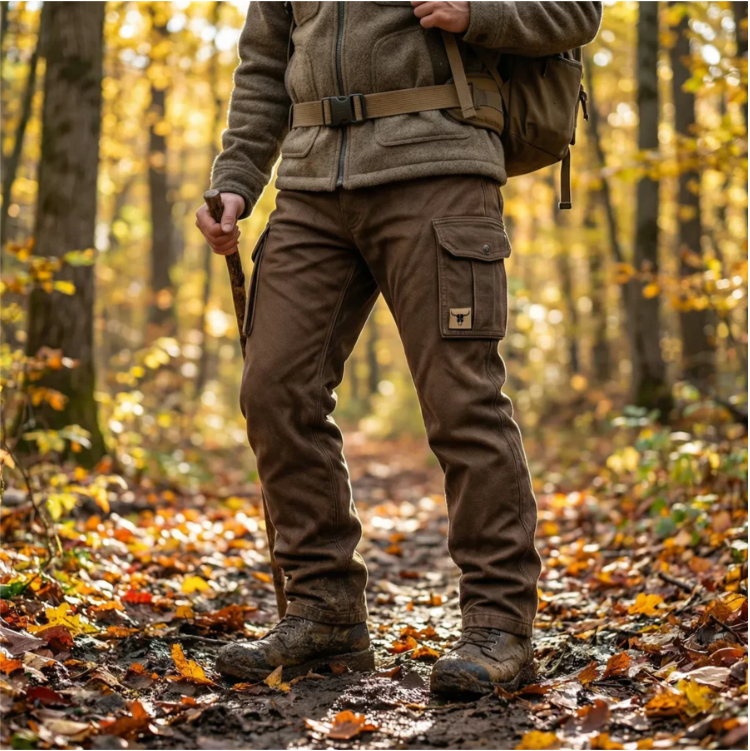 Pantalon cargo brun foncé porté, poches cargo et ceinture à boucle visible.