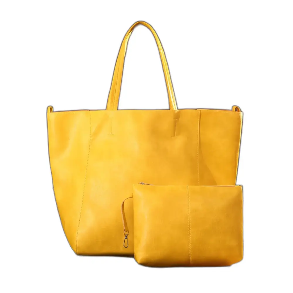 Grand sac à main cabas jaune avec anses et pochette amovible assortie