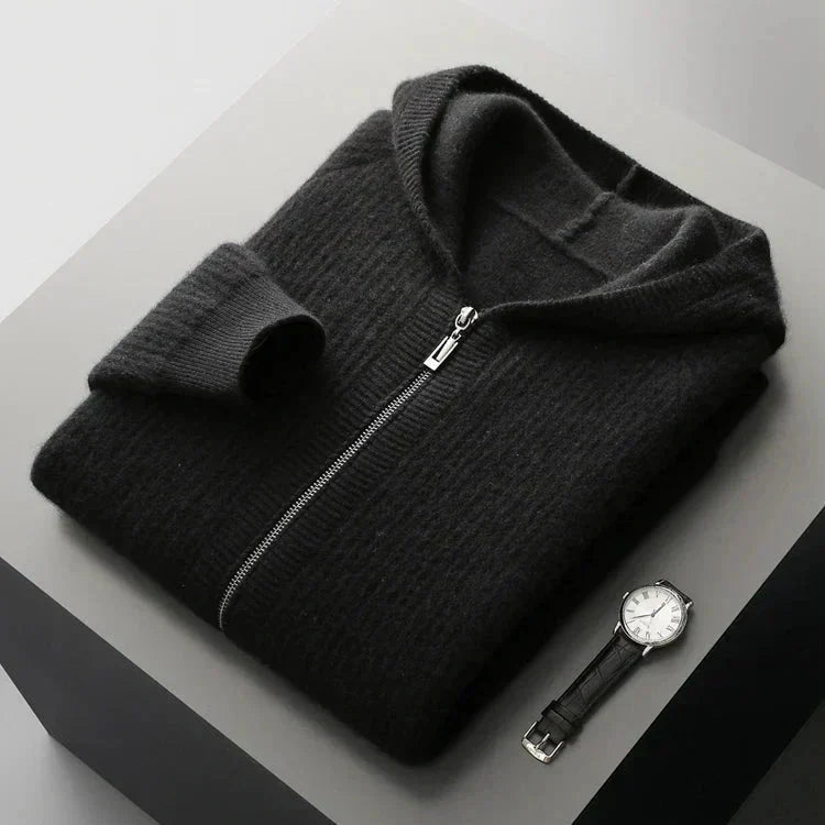 Hoodie en cachemire noir, fermeture zippée et capuche, poche kangourou.
