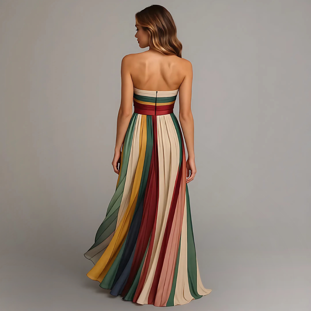 Robe longue dos nu avec bustier bandeau, rayures multicolores et jupe évasée