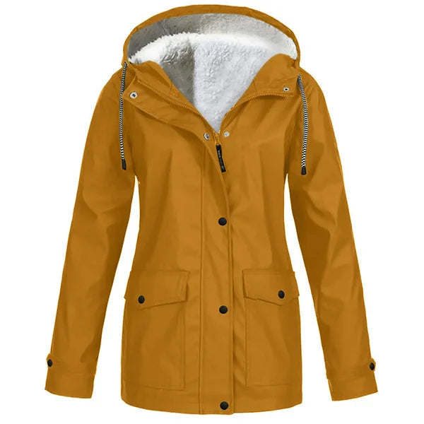 Veste parka jaune à capuche doublée de fourrure grise, fermeture boutons, poches