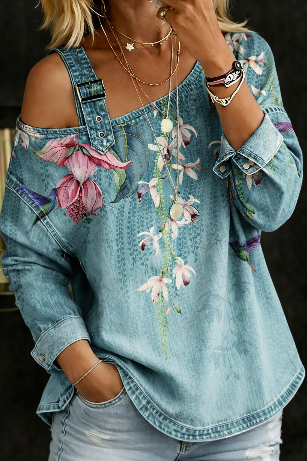Haut en jean décolleté, épaules ouvertes, manches longues, imprimé floral multicolore