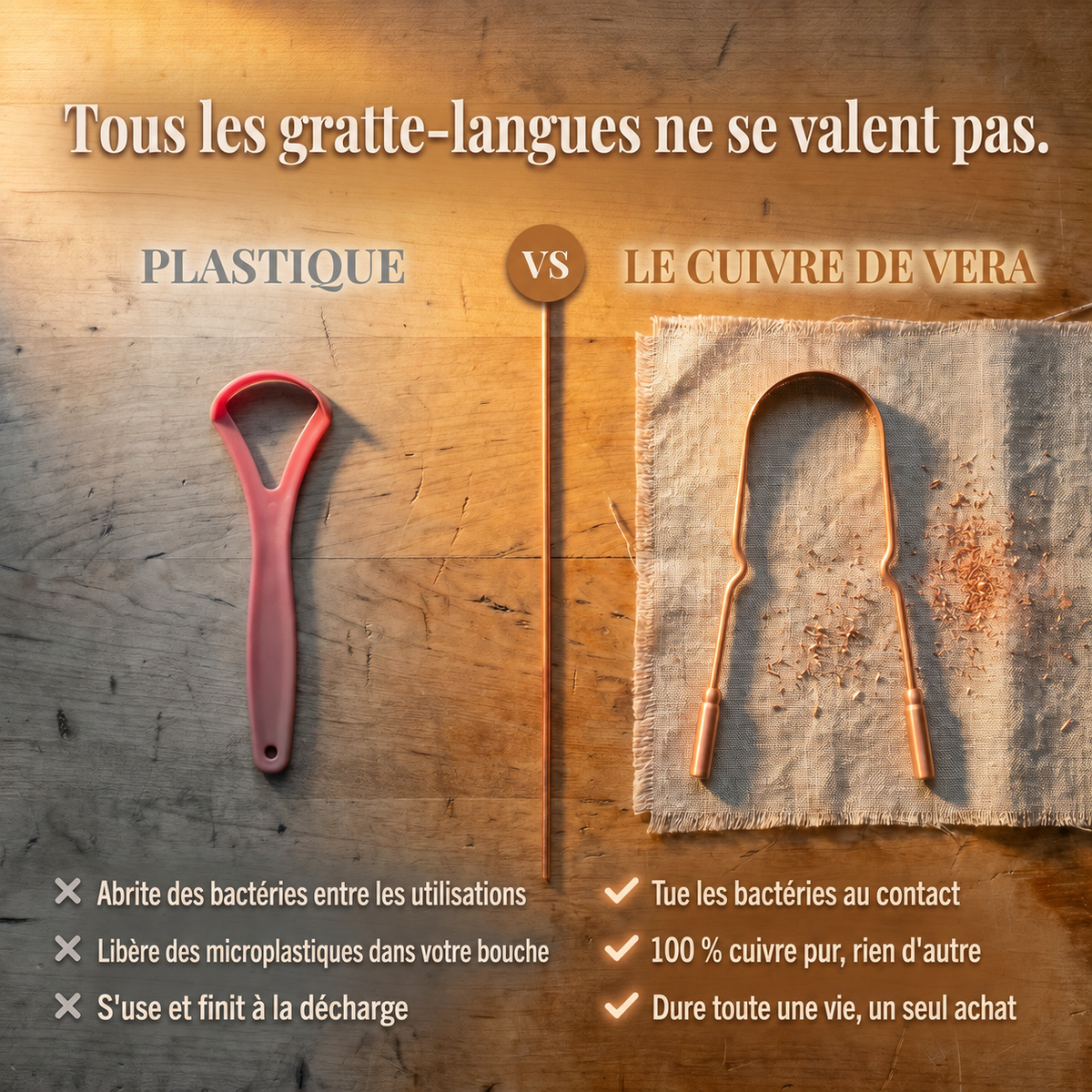 Gratte-langue en cuivre pur en forme de U, deux embouts sur les extrémités des branches.