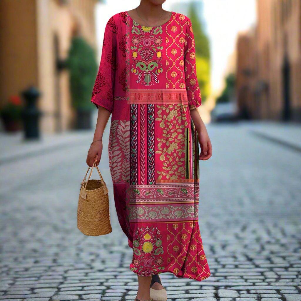 Robe longue bohème rose à imprimé coloré, encolure ronde et manches trois-quarts