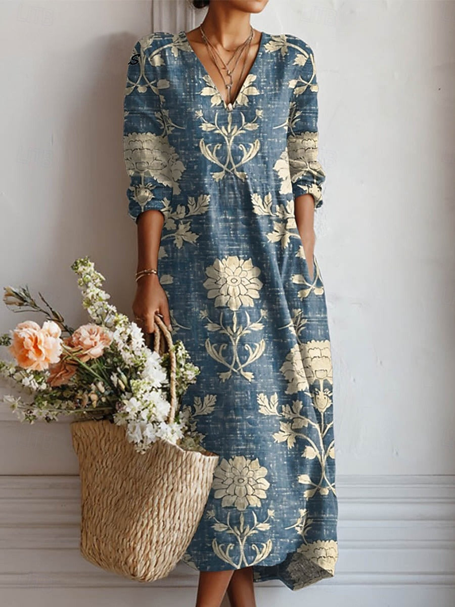 Robe de confort Karin™ bleue à fleurs, encolure en V, manches longues, longueur mi-mollet