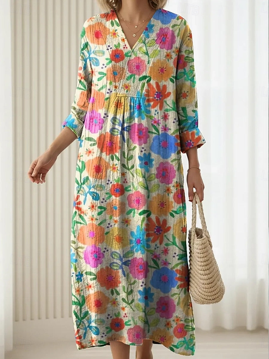 Robe Emma™ ample à col V, manches mi-longues, imprimé floral multicolore
