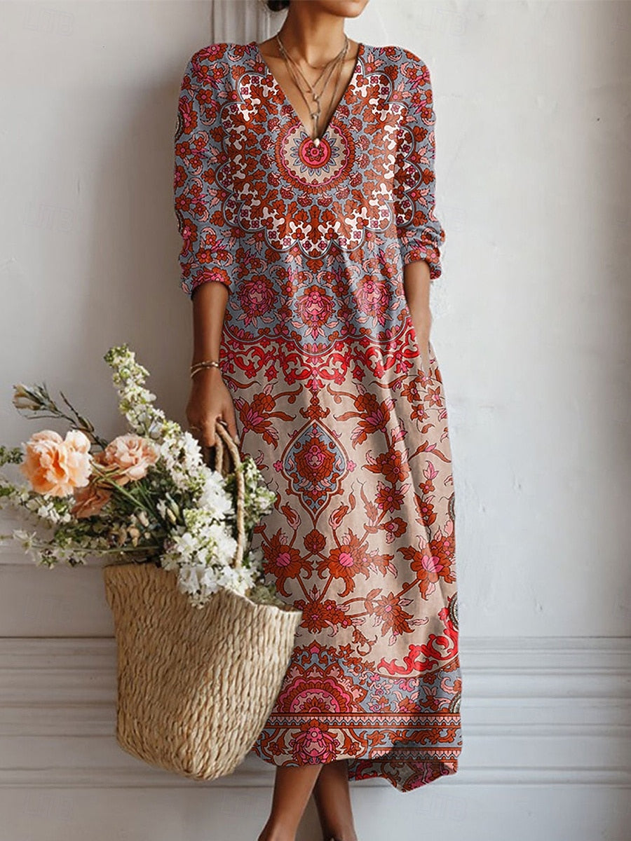 Robe mi-longue à manches longues imprimé cachemire multicolore, encolure en V