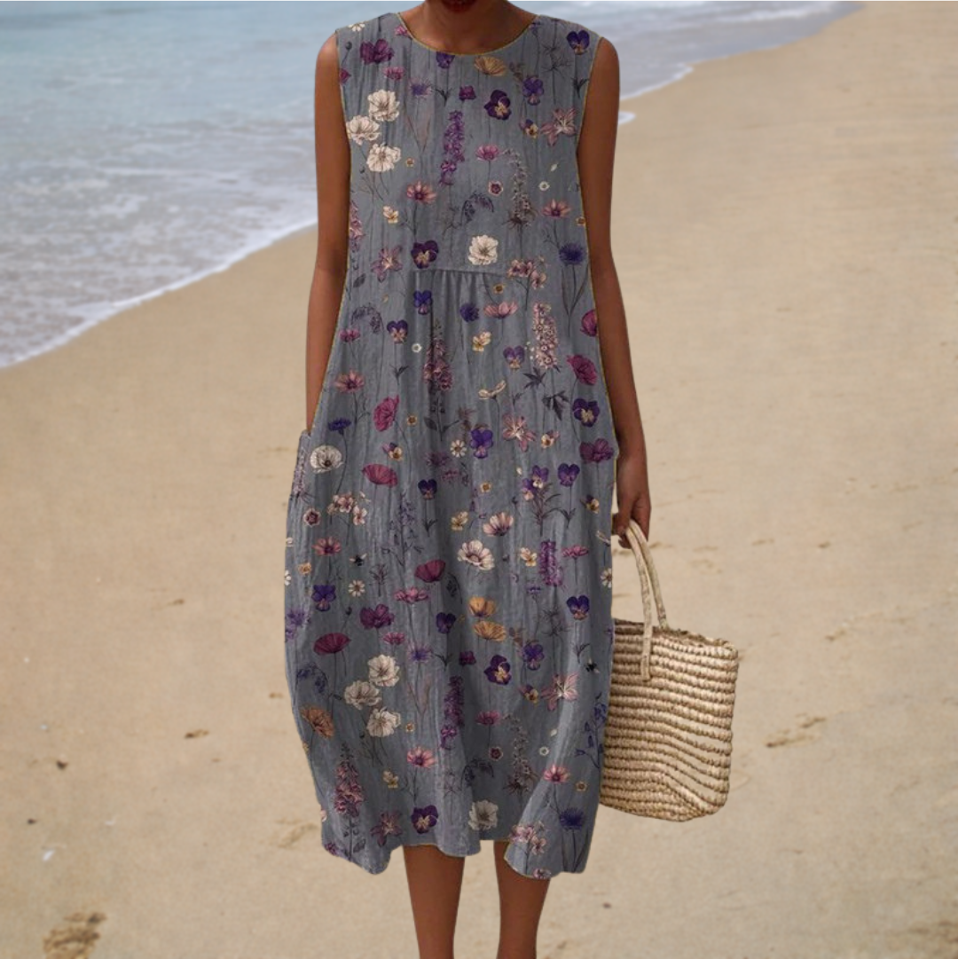 Robe midi champêtre sans manches à fleurs bleu-gris