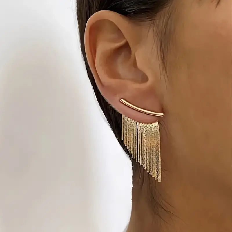 Boucles d’oreilles pendantes dorées vintage, tige et franges verticales