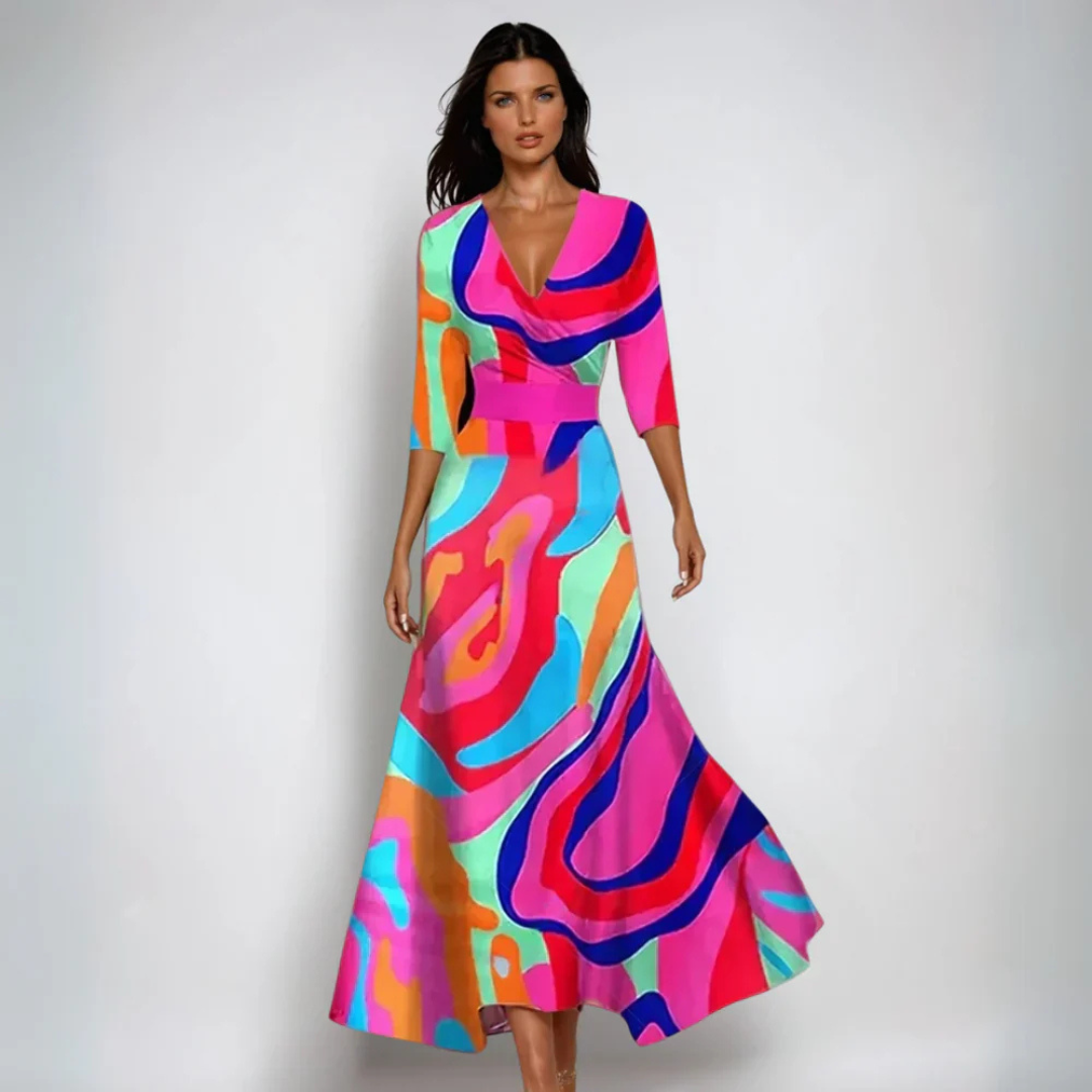 Robe longue multicolore à motifs abstraits, décolleté cache-cœur, manches trois-quarts