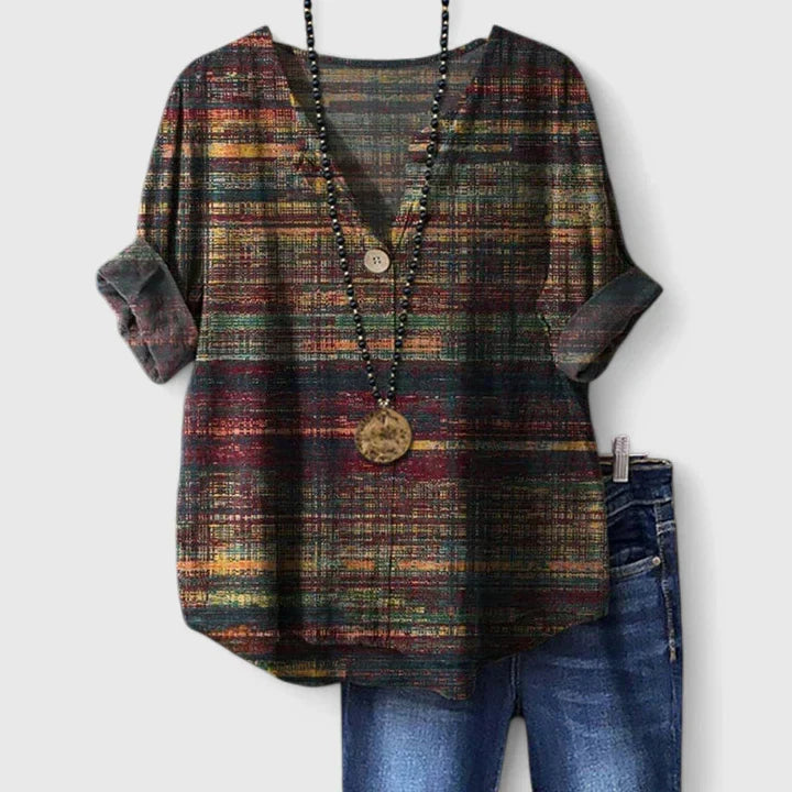 Blouse ample multicolore imprimée, encolure en V avec boutons décoratifs dorés