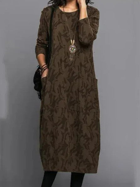 Robe d’hiver longue à manches longues, imprimé végétal marron foncé, col rond