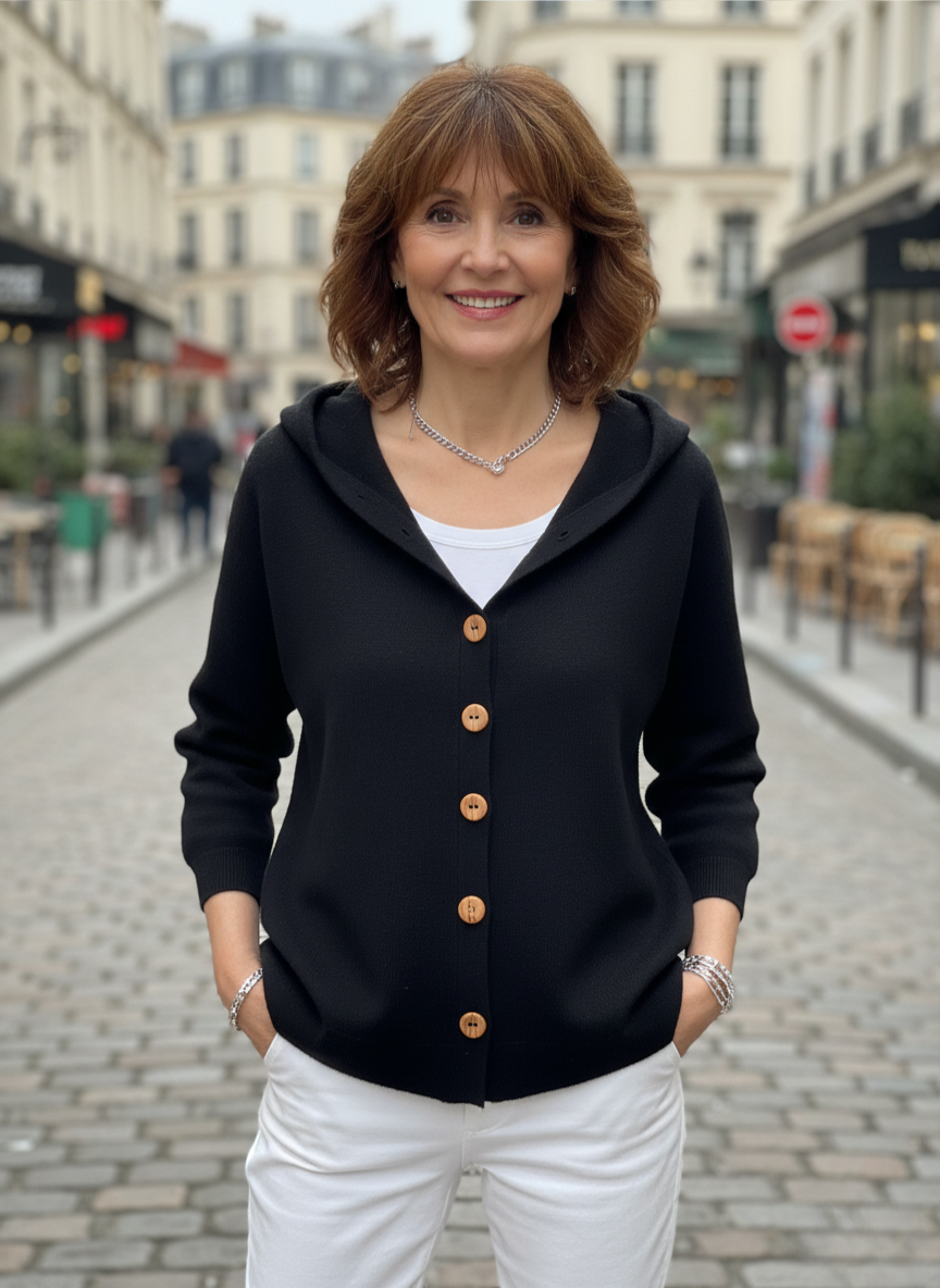 Gilet en maille noir à capuche, boutons sur l’avant, manches longues, coupe ample