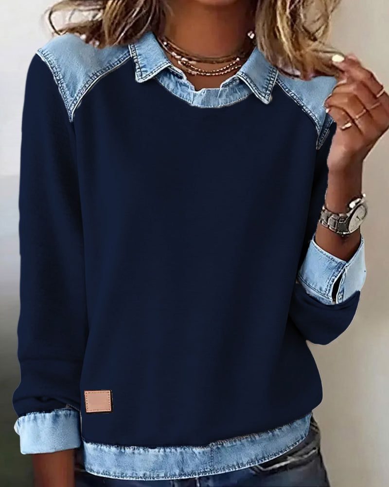 Blouse manches longues bleu marine avec col en denim et poignets en denim, étiquette marron