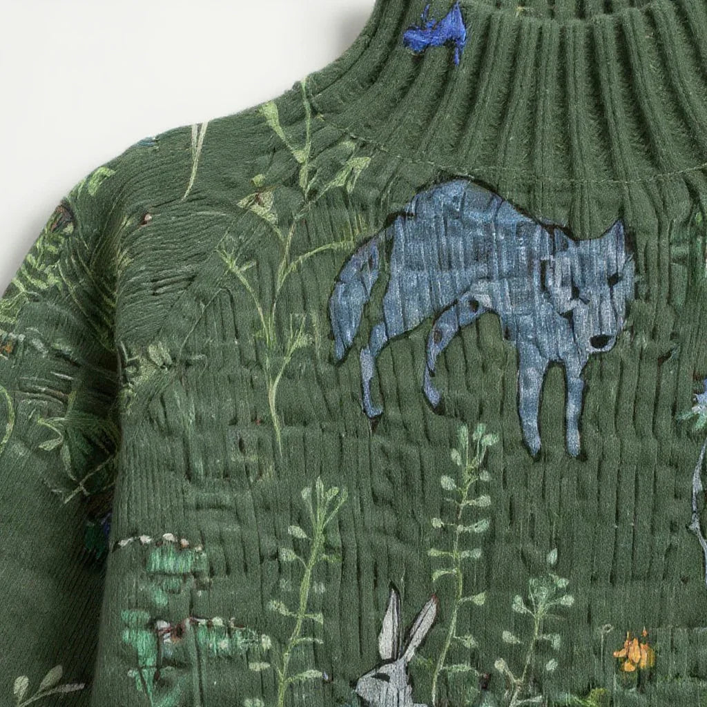 Pull tricoté HANA vert en maille côtelée, motifs d’animaux et plantes, col montant.