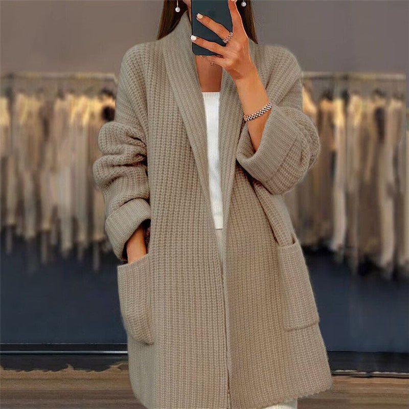 Gilet oversize en maille chameau, col châle, poches plaquées, devant ouvert